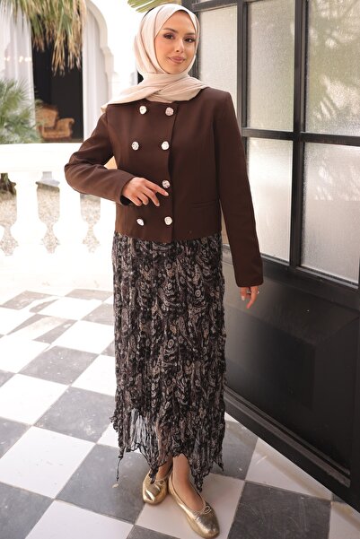 İmajButik Καφέ Σετ Φούστας με Σιφόν Σακάκι