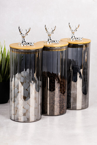 Dolkin Home 3-Piece 1000 ml Glass Jar Set with Bamboo Lid Anthracite Glass De...