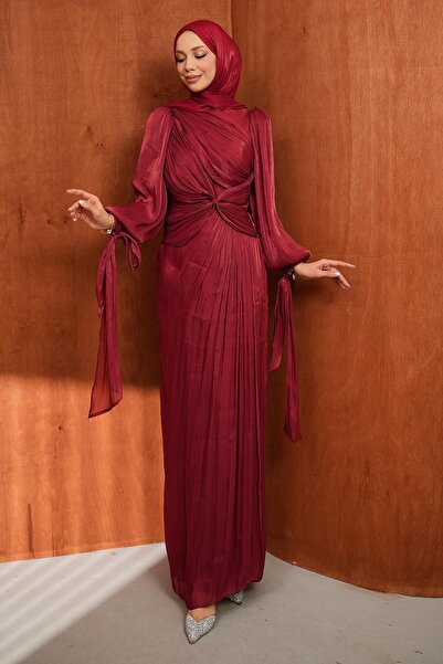 İmajButik Βραδινό φόρεμα από σιφόν με μπορντό λεπτομέρεια στο μπροστινό μέρος