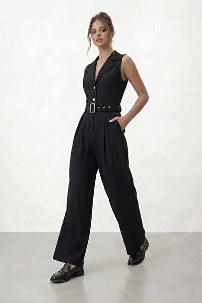 VAGGON Ολόσωμη φόρμα με λαιμόκοψη V, κουμπιά και ζώνη, με φαρδιά μπατζάκια