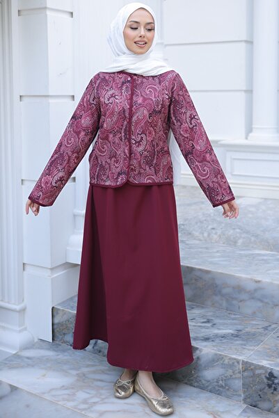 İmajButik Σετ Μπορντό με έθνικ σχέδια, σακάκι και φούστα