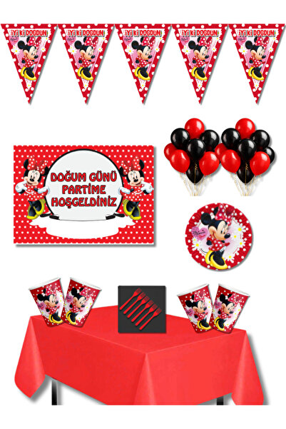Parti Furyası Kırmızı Minnie Mouse 8 Kişilik Doğum Günü Parti Seti 50x70 cm B...