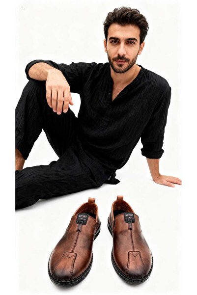 viderri Brown Inner and Outer Genuine Leather Laceless Stitched Men's Shoes V...