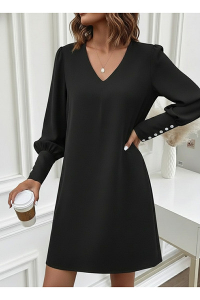 FarkStore Γυναικείο κοντό φόρεμα από εισαγόμενο κρεπ με μακρύ μανίκι και λαιμ...