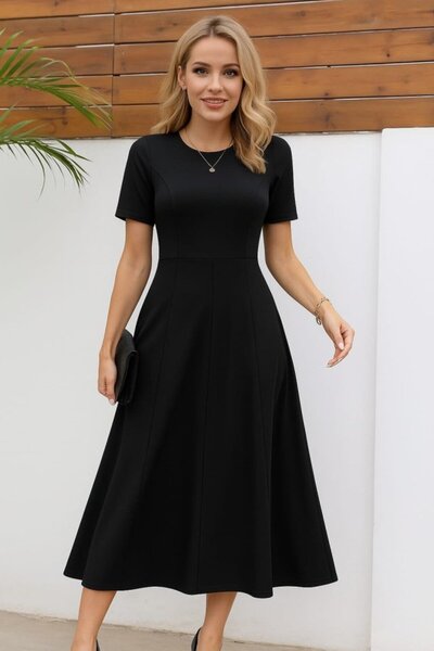 RuniqueHome Γυναικείο κοντομάνικο μαξι μήκους εισαγόμενο κρεπ φόρεμα