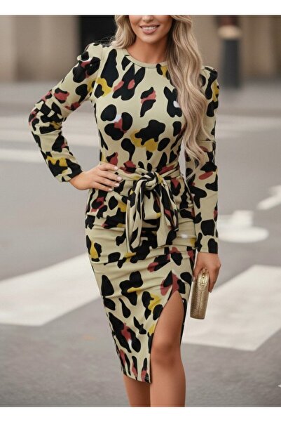 Wear Up Γυναικείο μακρυμάνικο φόρεμα κρεπ με στρογγυλή λαιμόκοψη με ζώνη με σ...