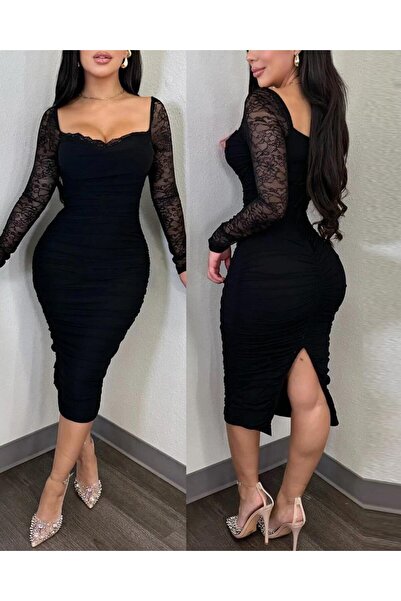 Wear Up Γυναικείο μακρυμάνικο φόρεμα με δαντέλα λεπτομέρεια με σούρες άνοιγμα...