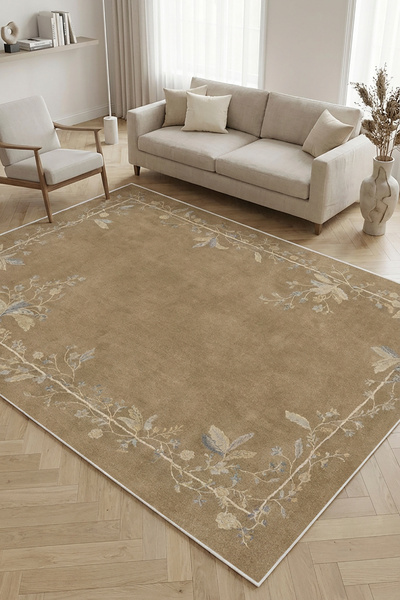 Decomia Home Dijital Kaymaz Yıkanabilir Renkli Çiçek Desenli Salon Halısı Mut...