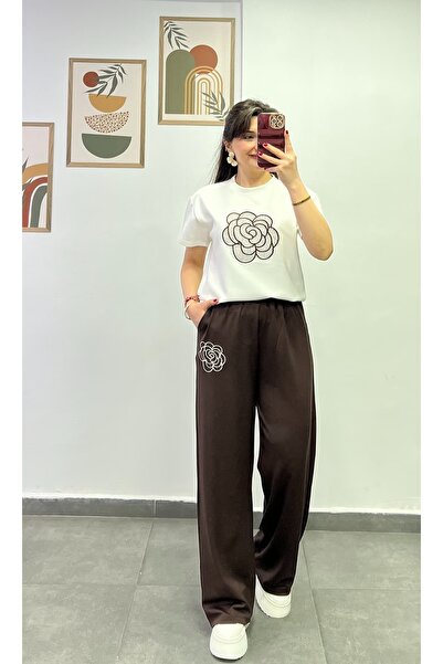 bydenizcollection Tshırt Ve Pantolon Altı Çiçek Nakışlı Beli Lastik Ve Cep De...