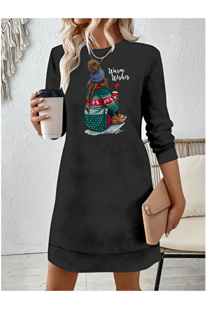 Wear Up Γυναικείο μακρυμάνικο φόρεμα με λαιμόκοψη με στάμπα βισκόζης με δύο κ...