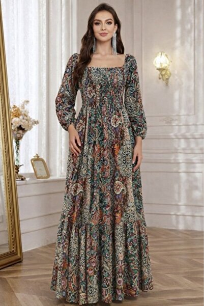 Wear Up فستان طويل نسائي بدون أكتاف مع خصر مطاطي ونقش رقمي من الألياف المقطوعة