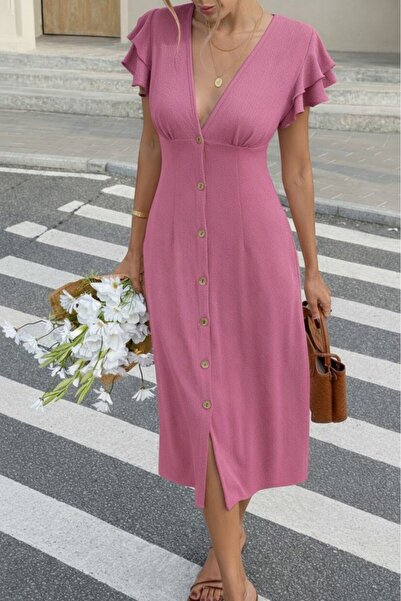 Wear Up Γυναικείο κοντομάνικο φόρεμα με λαιμόκοψη V Με κουμπιά μπροστά Bürümc...