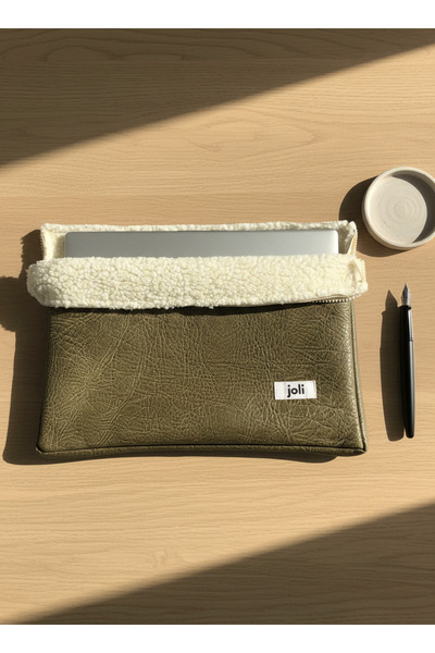 Joli Premium Haki Yeşil Suni Deri Laptop Çantası, 13-14 İnç MacBook Air ve Ma...