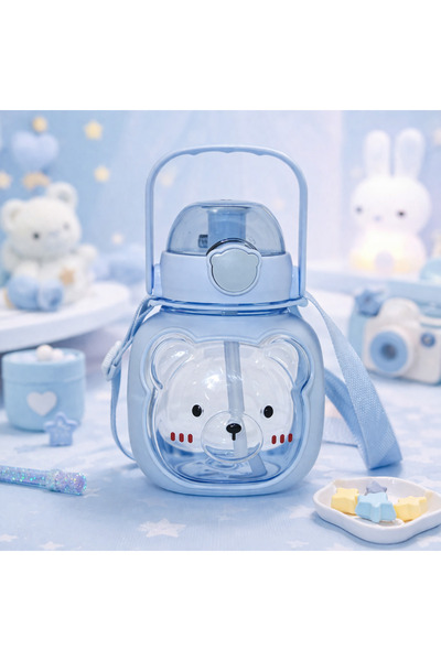 hediyeconcepti Cute Teddy Bear Design Children's Water Bottle with Straw - Le...