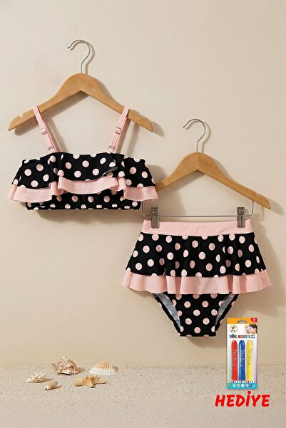 ZUZUNGA Σετ μπικίνι για κορίτσια με βολάν και μαύρο χρώμα με σχέδιο πουά