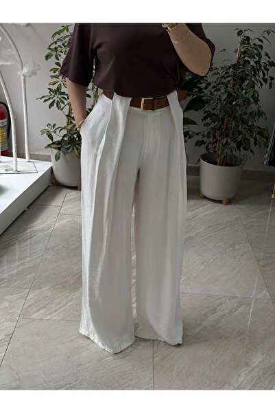 ÜMB Belted Pile Detailed Palazzo White Trousers
