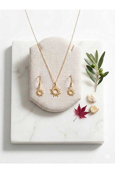 Papatya Silver Kesim Güneş Kolye Küpe Set Gold Altın Rose Altın Rodaj Altın K...