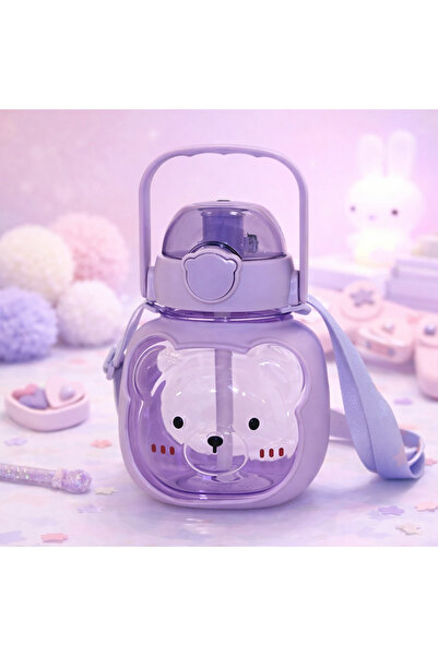 hediyeconcepti Cute Teddy Bear Design Children's Water Bottle with Straw - Le...