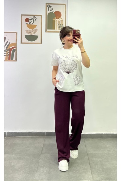bydenizcollection طقم بدلة رياضية مطرزة بصدف البحر مع خصر مطاطي وخياطة على شك...