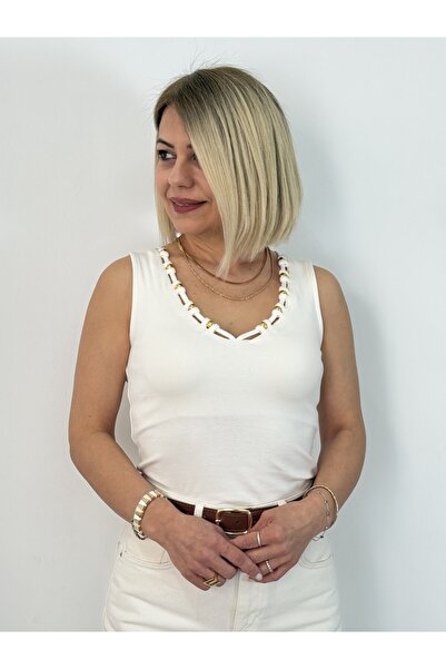 SİSTA MODA 1023 Collar Bead Detail, V-Neck, Viscose Undershirt