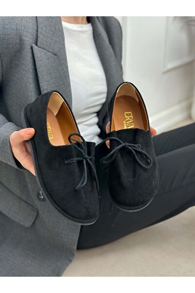 ERVANIN BUTİĞİ Black Suede (Gavin) Lace Detail Women's Casual Shoes