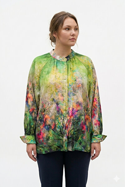 OEM Γυναικείο πουκάμισο σε μεγάλο μέγεθος, πράσινο με φλοράλ σχέδιο, αέρινο, ...