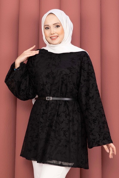 KEVRA Flock Print Balloon Sleeve Belted Tunic