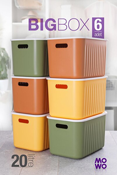 Mowo Home BigBox 20 Lt 6'lı Mix Dolap Düzenleyici Kapaklı Saklama Kutusu Sepe...