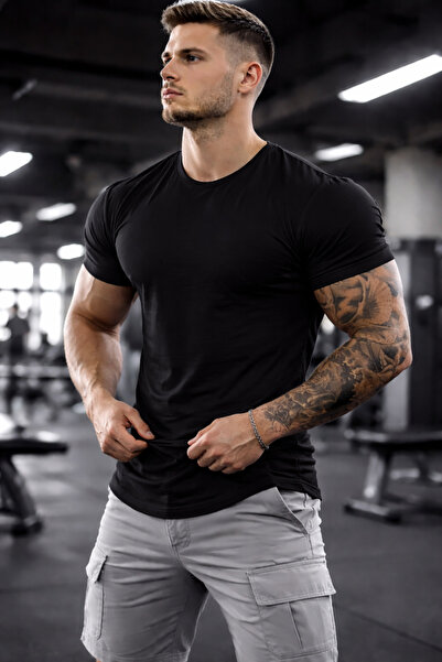 DEEPSENCE Μαύρο μπλουζάκι με οβάλ κόψιμο, 100% βαμβάκι