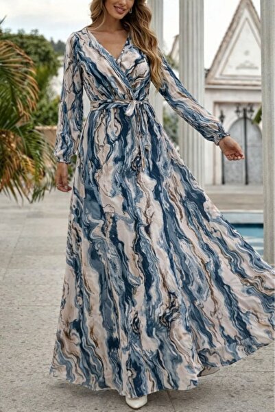 Wear Up فستان ماكسي نسائي بأكمام طويلة وياقة مزدوجة وحزام خصر منقوش من قماش ا...