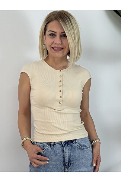 SİSTA MODA 1887 Mini Sleeve, Collar Snap Detail, Ribbed Blouse