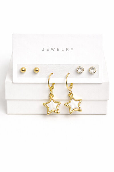 MakeWell Bow Star Heart Flower Detailed Gold Color Earring Set with Hoop Dang...