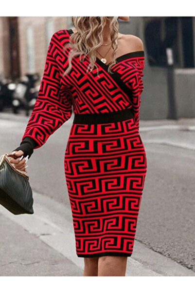 Iuliashop Rochie scurtă tricotată roșie Ayana cu imprimeu negru - S