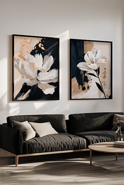 STARYUNA Σετ δύο πινάκων με αφηρημένο θέμα λουλουδιών με μαύρο ξύλινο πλαίσιο...