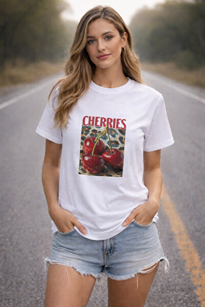 DEEPSENCE Γυναικείο λευκό oversize μπλουζάκι CHERRIES