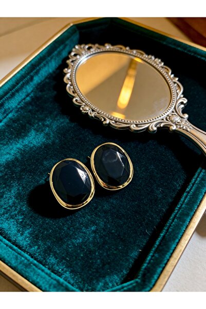 ayoljewelry Women's Gold Steel Black Large Oval Crystal Stone Earrings - Retr...