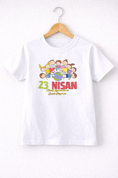 ues Παιδικό μπλουζάκι με στάμπα 23 Απριλίου, λευκό και με κοντά μανίκια