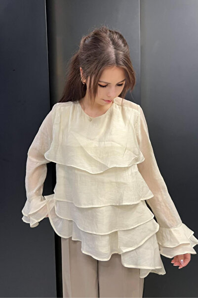 sunfyre ΓΥΝΑΙΚΕΙΑ Μακρυμάνικη Μπλούζα Σιφόν με Λεπτομέρεια Βολάν και Ασύμμετρ...