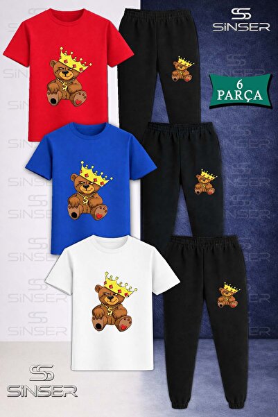 SS SİNSER Παιδικό σετ φόρμας 3 τεμαχίων με σχέδιο αρκουδάκι, μπλουζάκι και κολάν