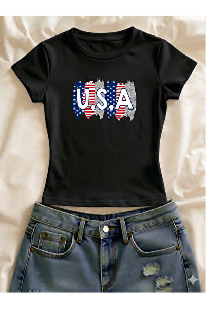 Vordevia USA štampana lycra majica kratkih rukava uskog kroja sa okruglim izr...