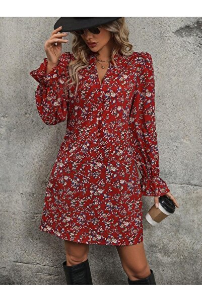 Iuliashop Rochie Scurta Eline Grena cu Print Floral - XS