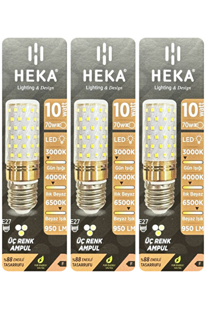 Heka (3 Adet) 10W (70W) Sarı-Günışığı-Beyaz E27 Duylu Üç Renkli Led Mısır Ampul