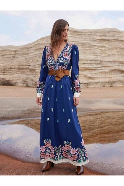 Iuliashop Rochie Lunga Galbar Albastra cu Print Floral - M
