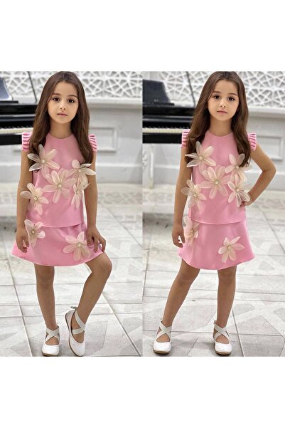 Lina Baby Bloom Bayramlık Elbise Kız Çocuk Pembe 3D Çiçek Detaylı İkili Takım...