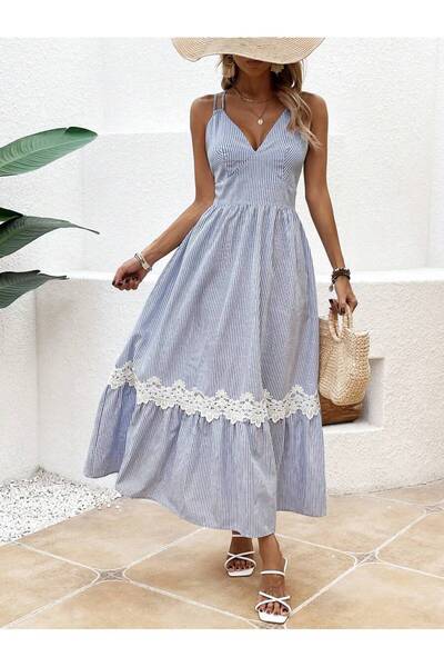 Iuliashop Rochie lungă Joel albă cu dungi albastre - S