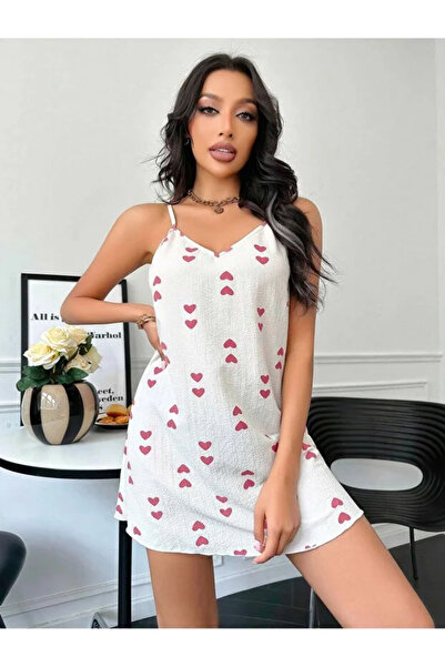 Bleu Petite Heart Patterned Thin Strap Cotton Women's Nightgown