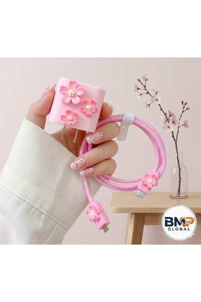 BMP MARKET Pembe Çiçekk Figürlü Kablo Koruyucu ve Adaptör Koruma Seti 18W/20W...
