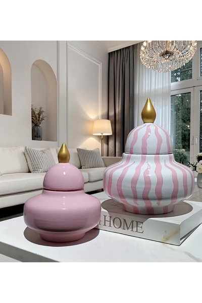 VERA HOME DECOR Seramik, El boyaması Dekoratif Obje, Pembe zebralı Şahküp, Vazo