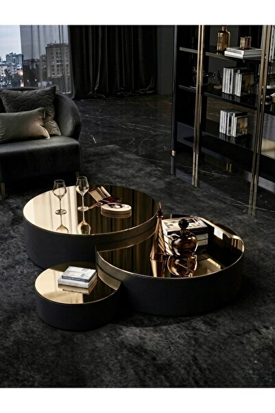 LUXURY VİLLA LUXURY GOLD AYNALI YANLARI SİYAH SUNİ DERİ TEKERLEKLİ 3LÜ ORTA S...