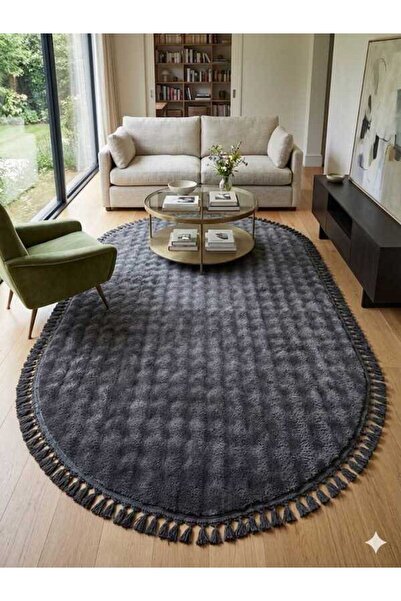 ALTUN CARPET OVAL MODERN BABIL ANTİRASİT PONPON SAÇAKLI PELÜŞ HALI KAYMAZ TAB...